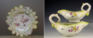 Longton Hall, plate 1755, source online-galleries, and sauce boats, courtesy Juno Antiques